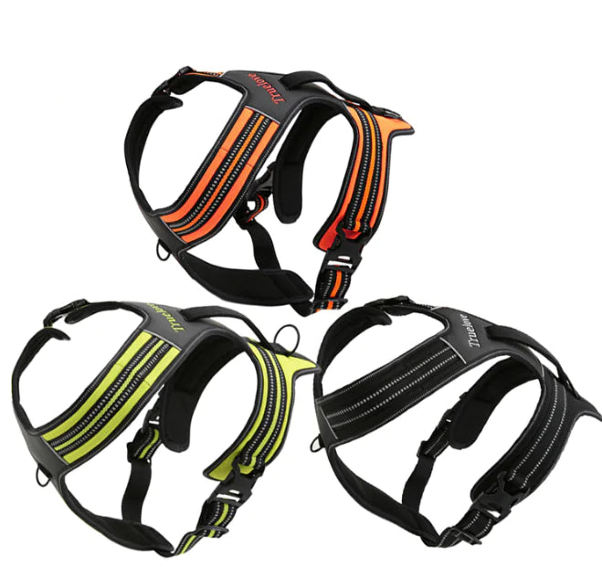 Adjustable dog harness made of recycled fabric on wood floor