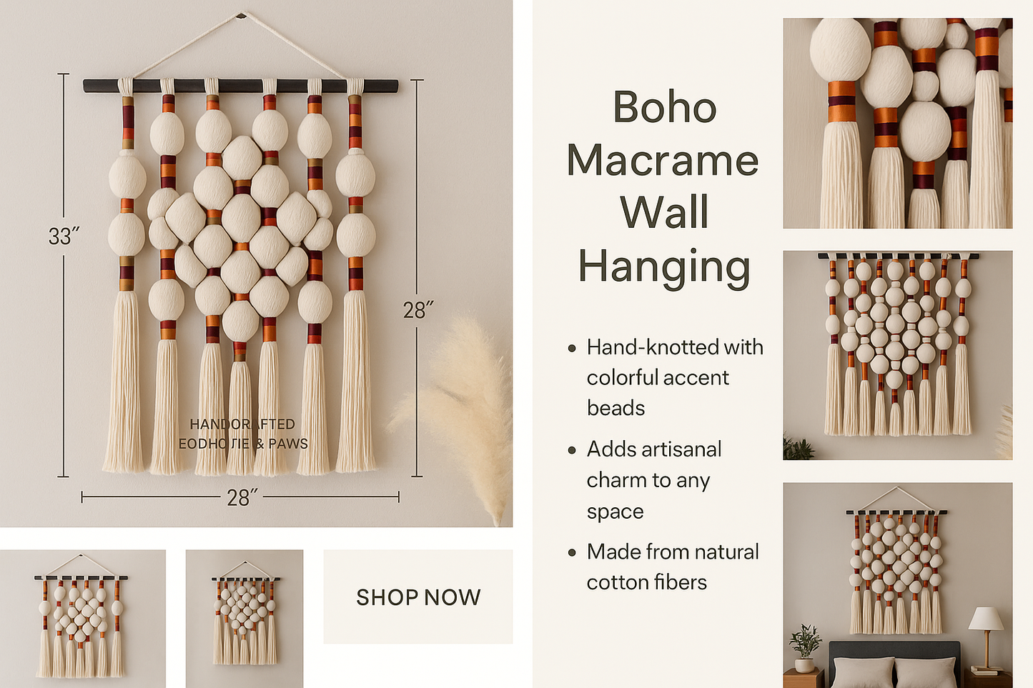 Boho macramé wall hanging with sunset-tone beads