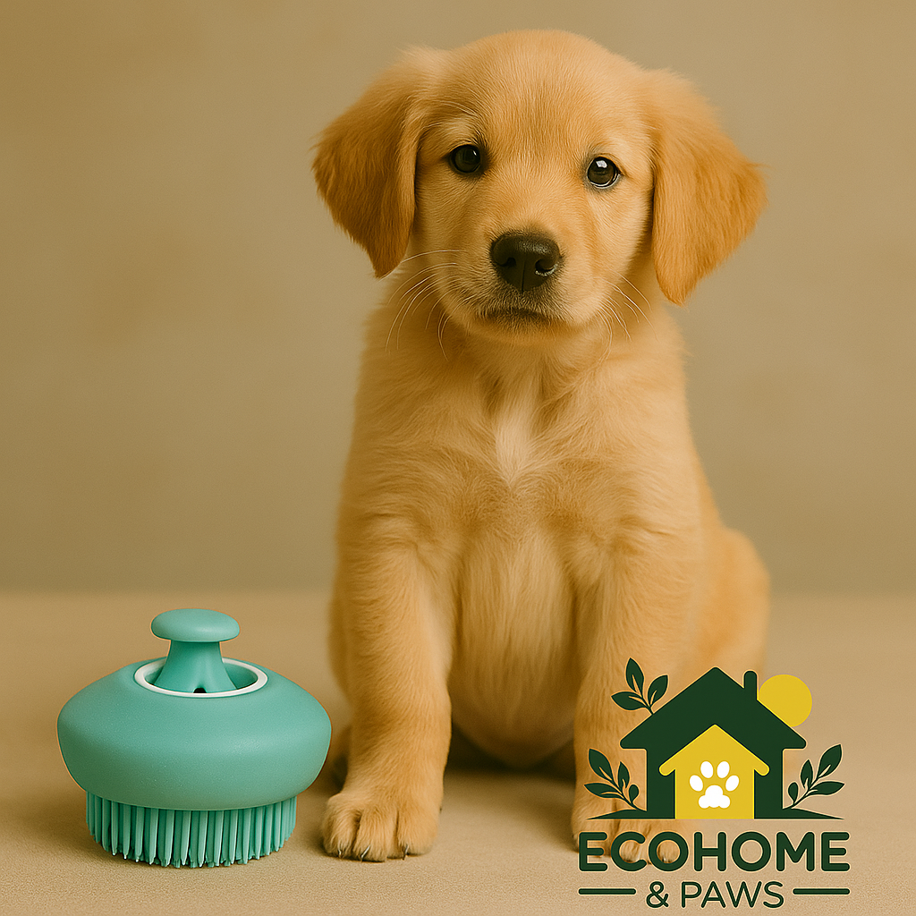 Labrador puppy sitting next to a turquoise silicone dog grooming brush with soap dispenser on beige background, EcoHome & Paws logo in corner