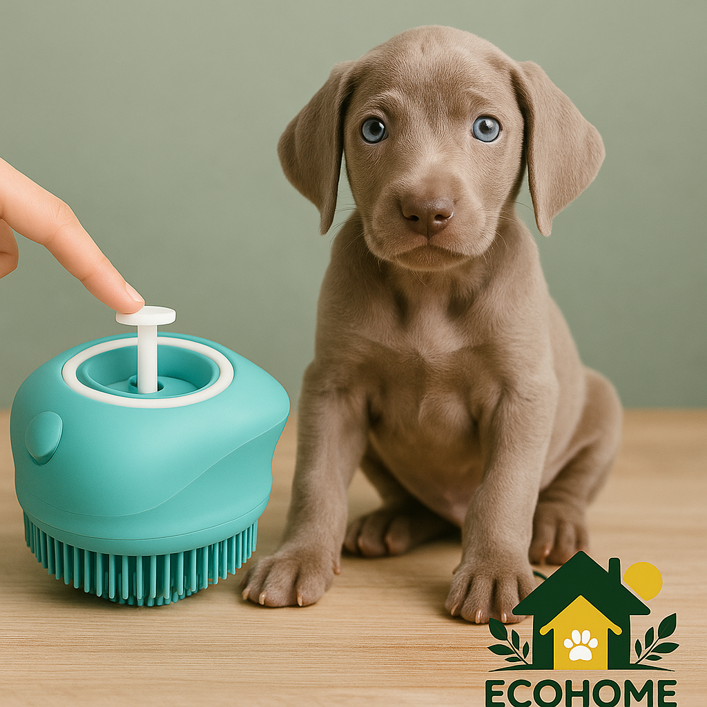 Weimaraner puppy with blue eyes next to a turquoise silicone grooming brush on light wooden floor with sage green wall and EcoHome & Paws logo