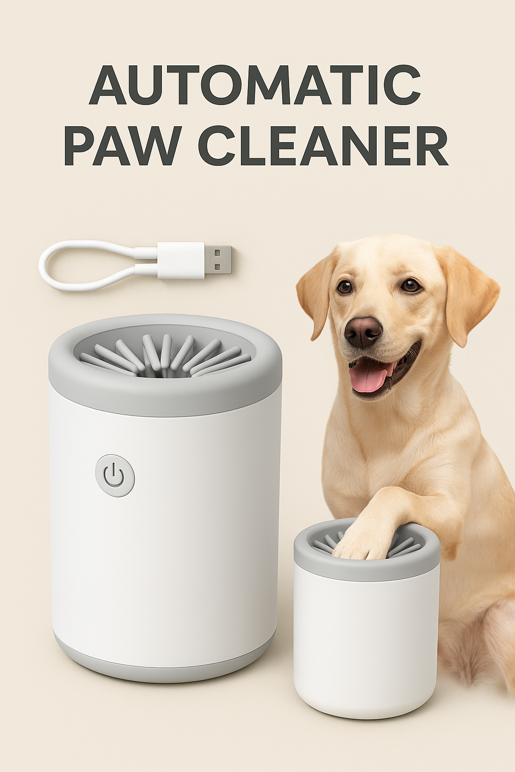 Dog with cleaner: "Dog using rechargeable paw washer device"