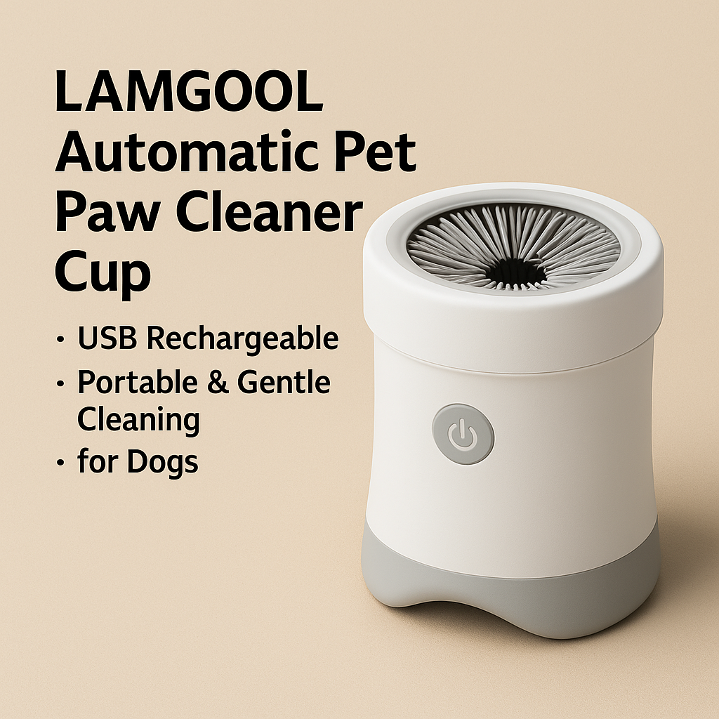 Main device image: "Automatic Dog Paw Cleaner Cup – Rechargeable & Portable