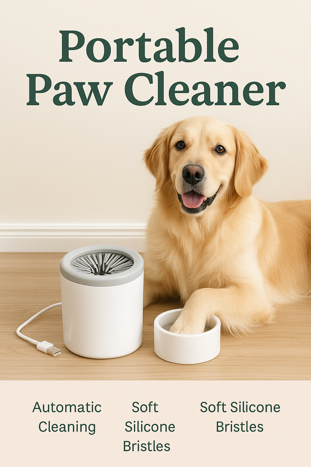 Dog with cleaner: "Dog using rechargeable paw washer device"