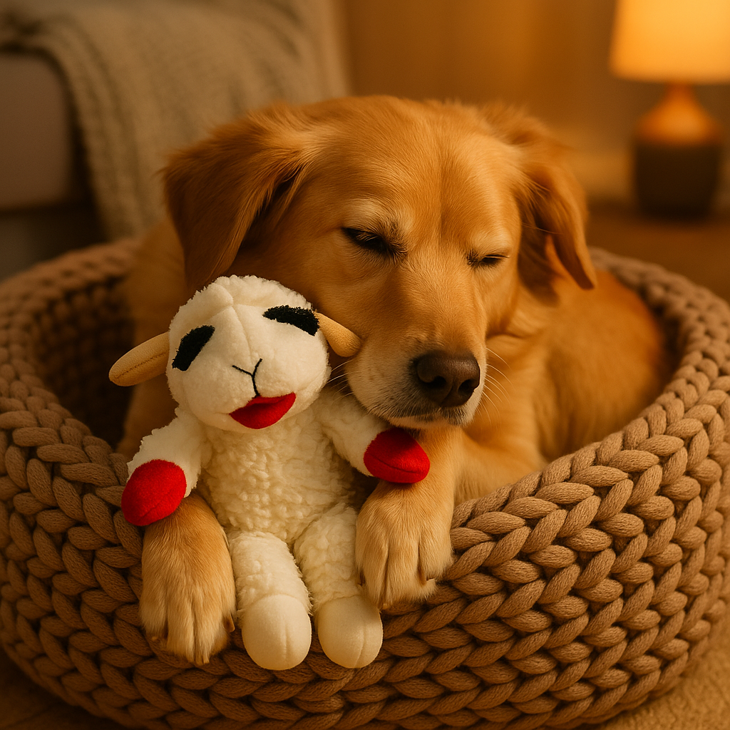 Dog cuddling Lamb Chop squeaky toy