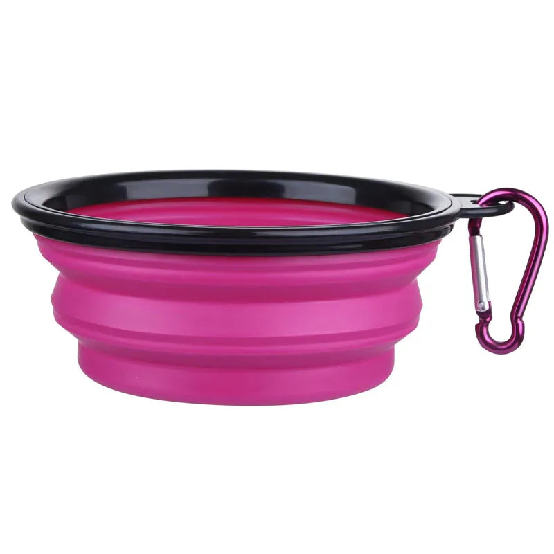 Collapsible silicone dog bowl with carabiner hook