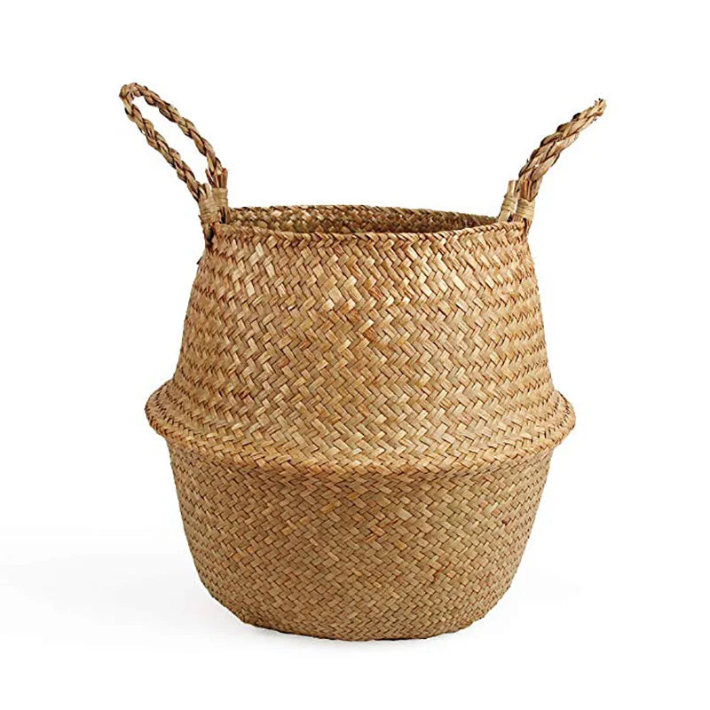 Foldable natural wicker storage basket with handles