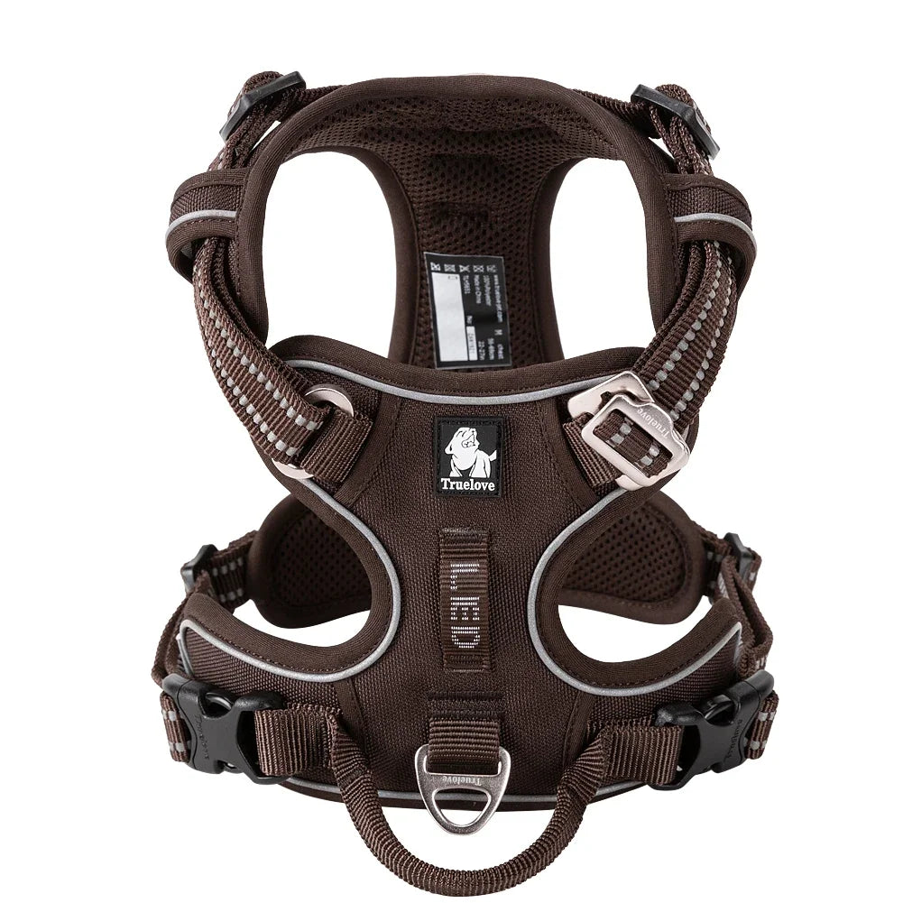 Black reflective dog harness on white mannequin – side view display