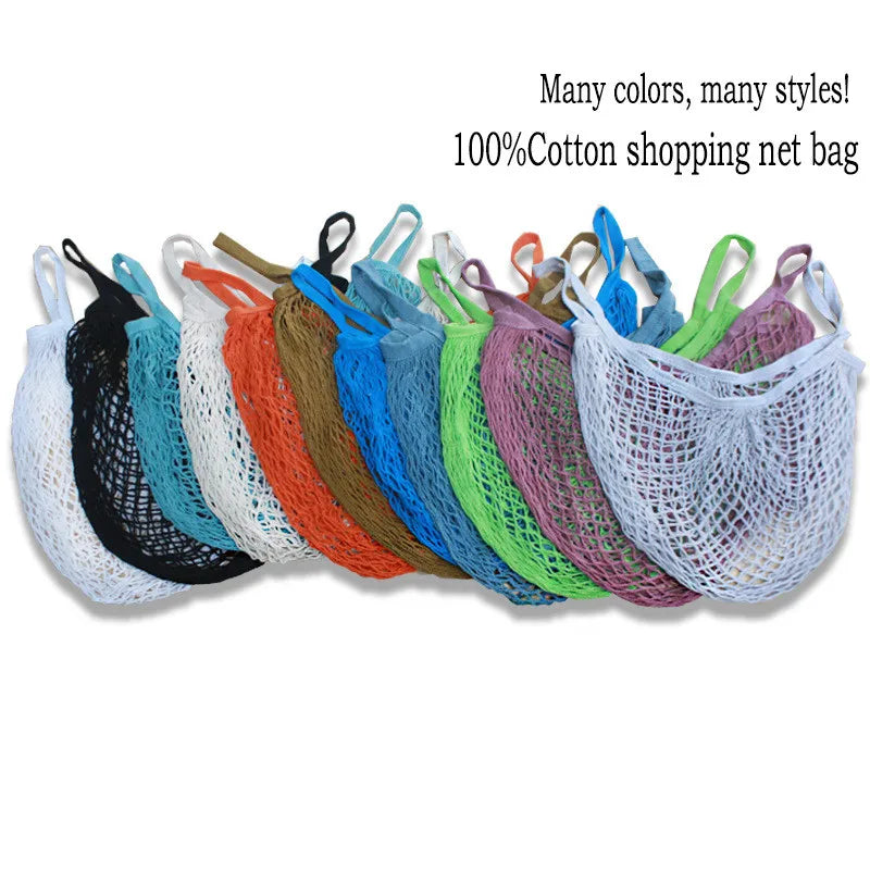 Colorful variety of reusable produce bags in cotton mesh”