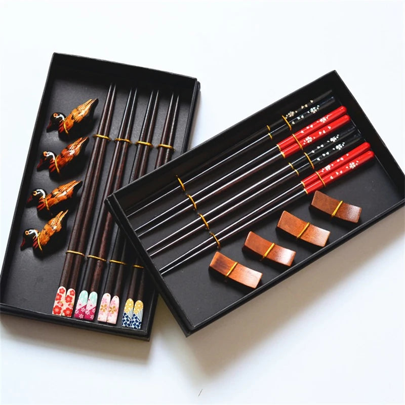 Elegant Japanese-style gift box with 4 wooden chopsticks and 4 rests - eco-friendly tableware set