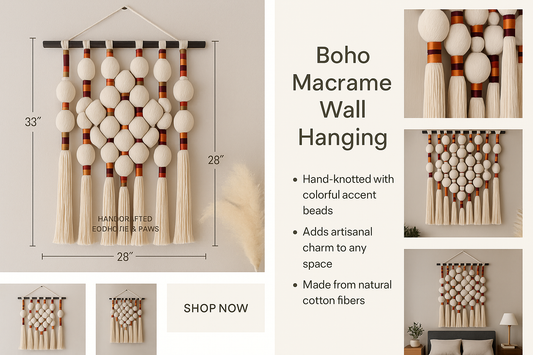 Boho macramé wall hanging with sunset-tone beads