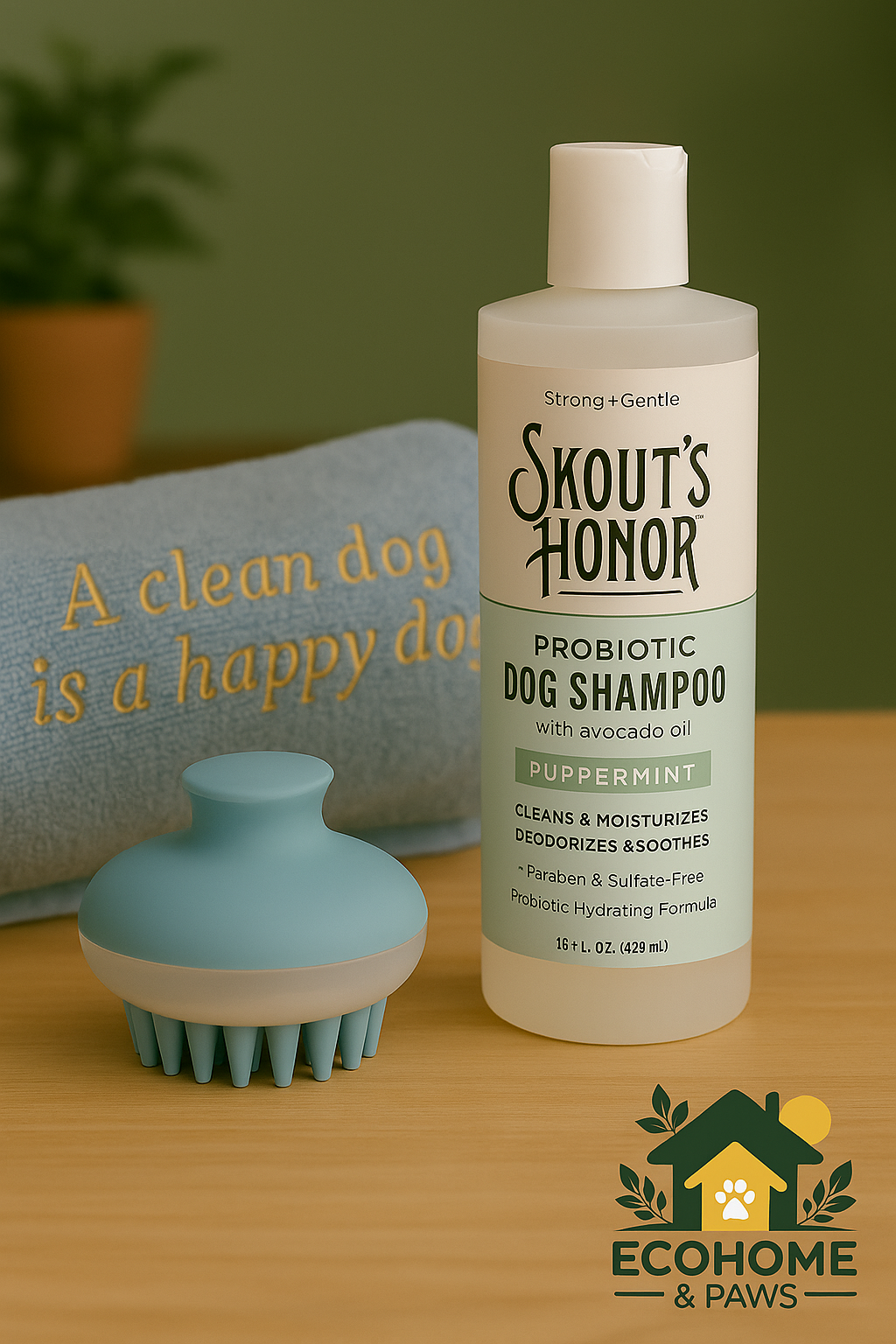 Skout’s Honor Probiotic Dog Shampoo in Puppermint scent on eco-friendly grooming table with towel and brush