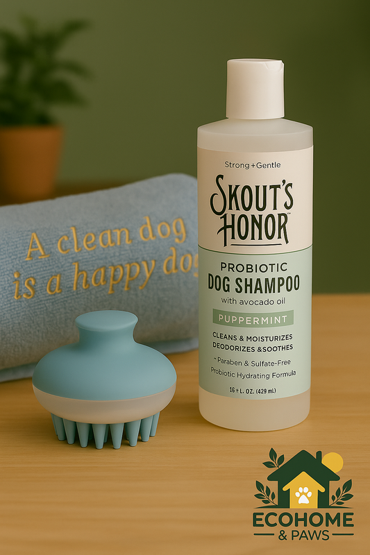 Skout’s Honor Probiotic Dog Shampoo in Puppermint scent on eco-friendly grooming table with towel and brush