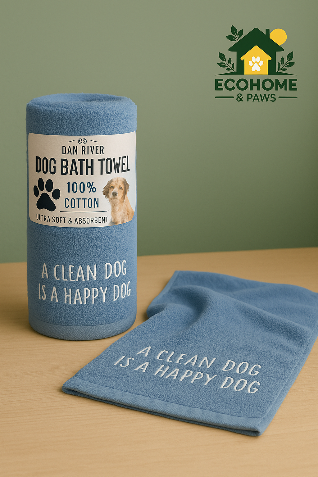 DAN RIVER dog towel displayed with soft neutral background and EcoHome & Paws logo