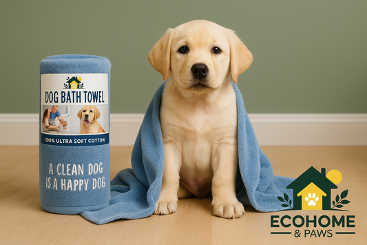 Labrador puppy wrapped in embroidered DAN RIVER cotton towel, post-bath grooming