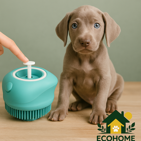 Weimaraner puppy with blue eyes next to a turquoise silicone grooming brush on light wooden floor with sage green wall and EcoHome & Paws logo

