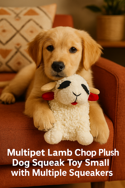 Lamb Chop plush toy with puppy on sofa