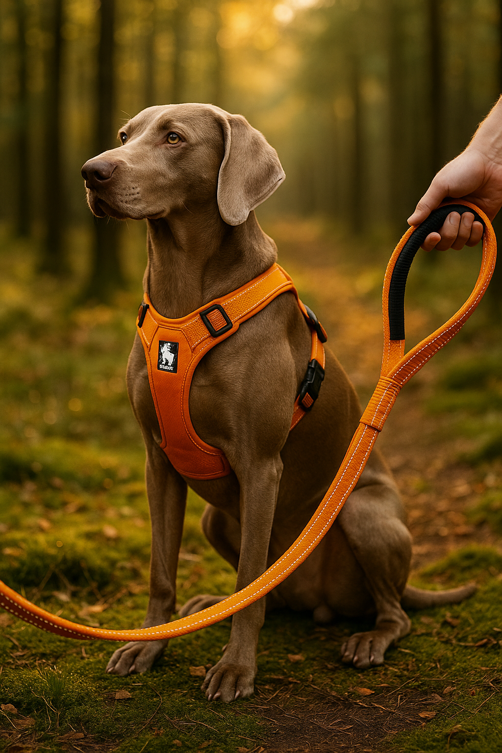 Dog wearing reflective harness with eco leash in forest