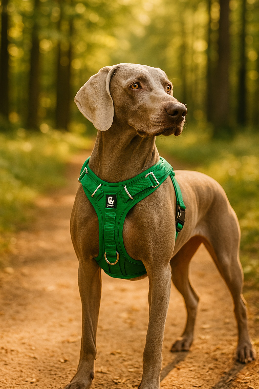 Weimaraner dog wearing eco-friendly green Truelove harness outdoors in forest setting
