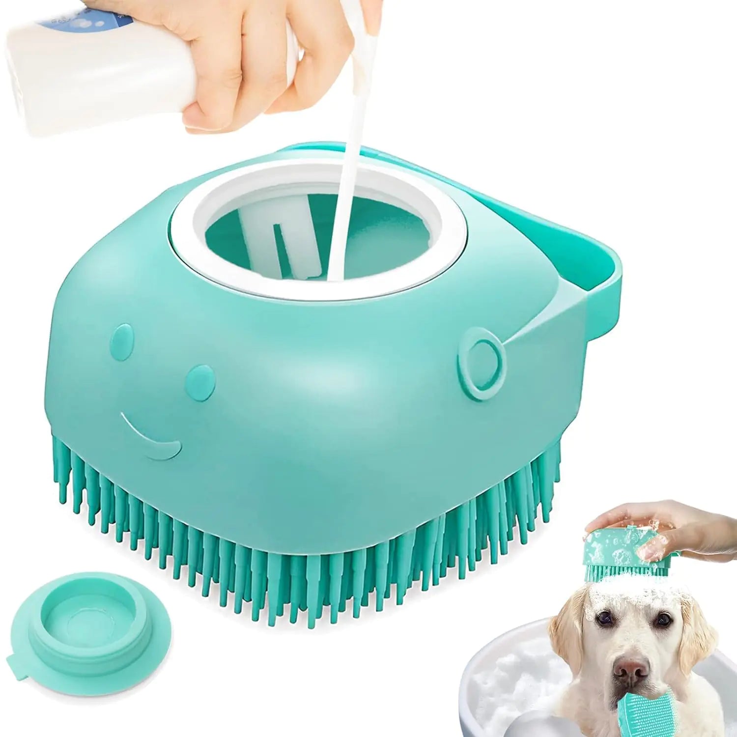Golden retriever-style puppy beside turquoise silicone pet brush on neutral floor, soft lighting and EcoHome & Paws branding