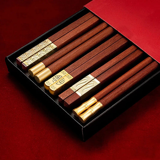Boxed red wood chopsticks set with gold detail – 5 pairs