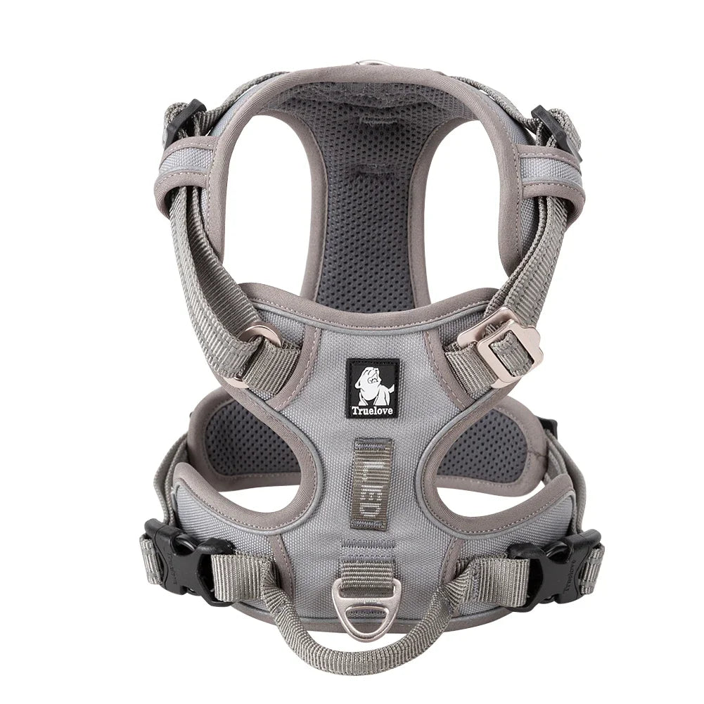 Grey Truelove dog harness – rear view with reflective stitching