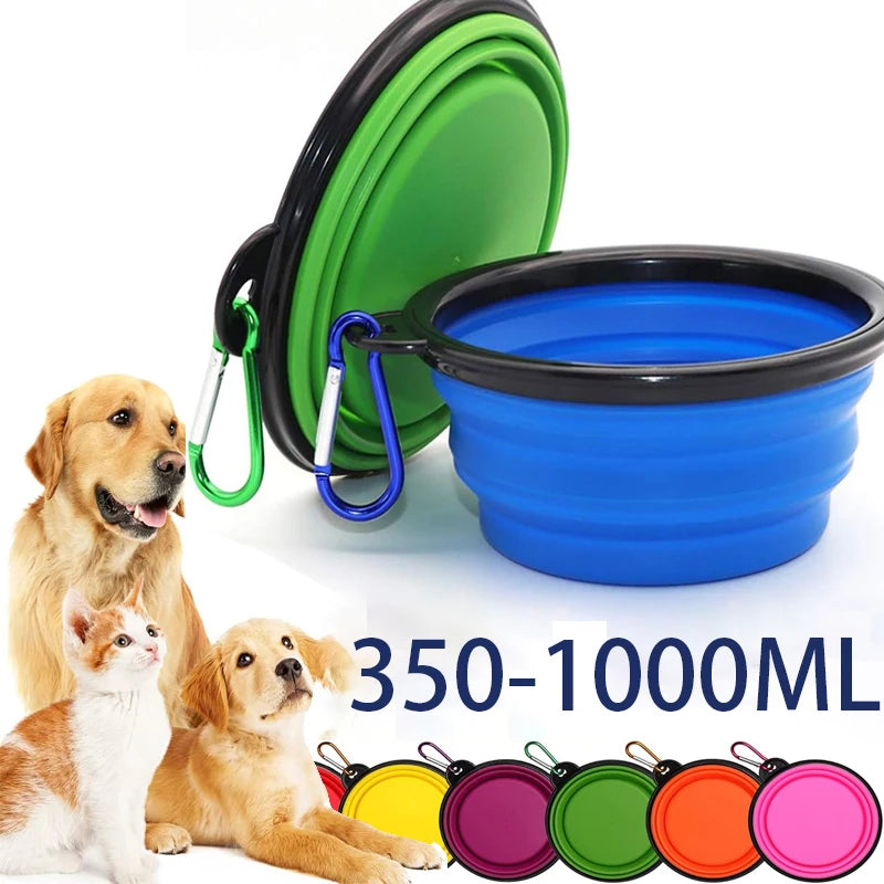 Collapsible silicone dog bowl with carabiner hook