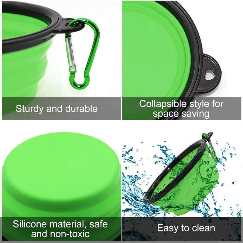 Collapsible silicone dog bowl with carabiner hook