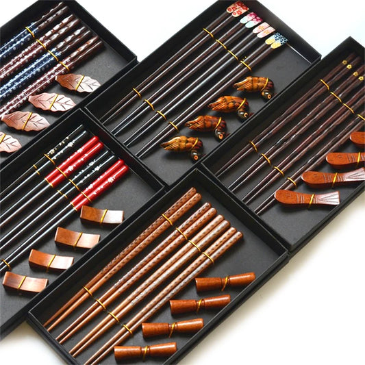 Elegant Japanese-style gift box with 4 wooden chopsticks and 4 rests - eco-friendly tableware set

