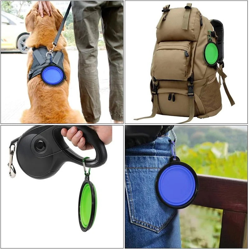 Foldable dog travel bowl held by dog owner